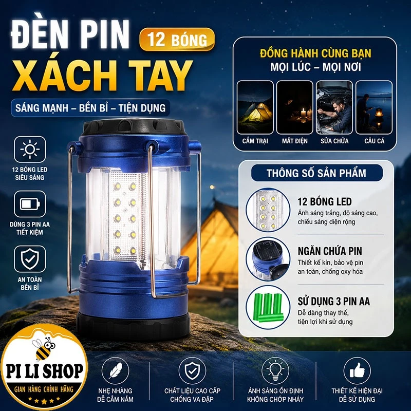 Đèn Pin Măng Xông Có Quai Xách Và Núm Xoay Điều Chỉnh Độ Sáng, Đèn 12 Bóng Led Siêu Sáng Kèm La Bàn