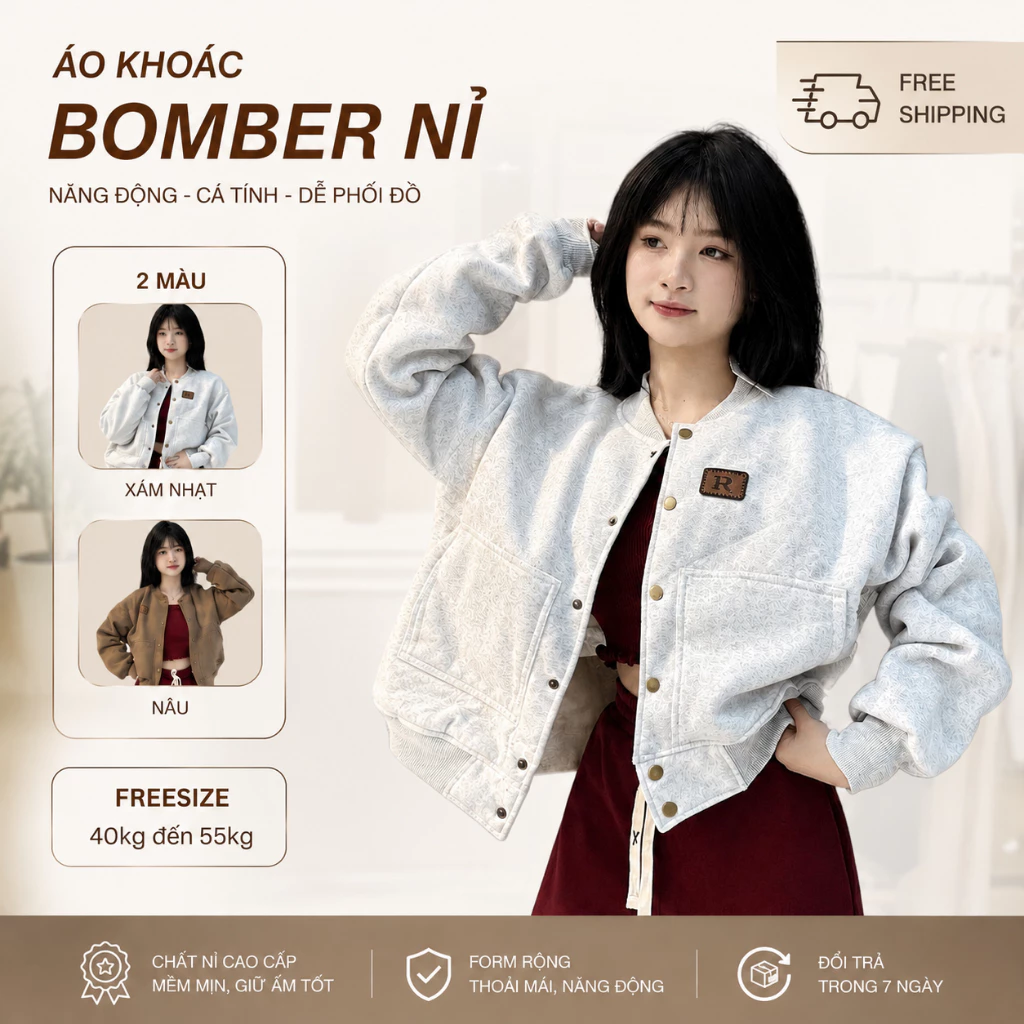 Áo Khoác Bomber Nỉ Nữ Logo R logo da thêu áo nút chắc chắn chất nỉ dày đẹp