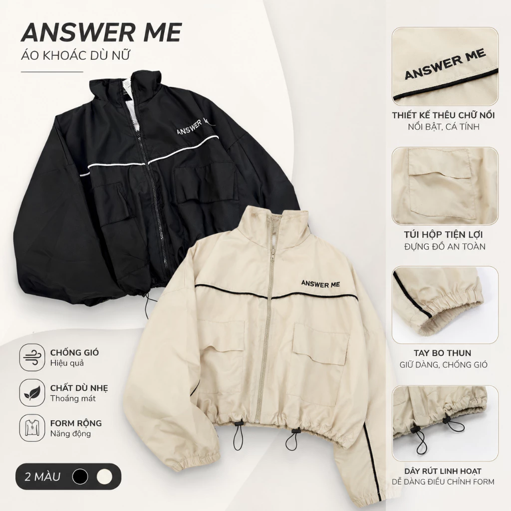 Áo Khoác Dù Lửng Answer me Có Bo Rút Cổ Cao