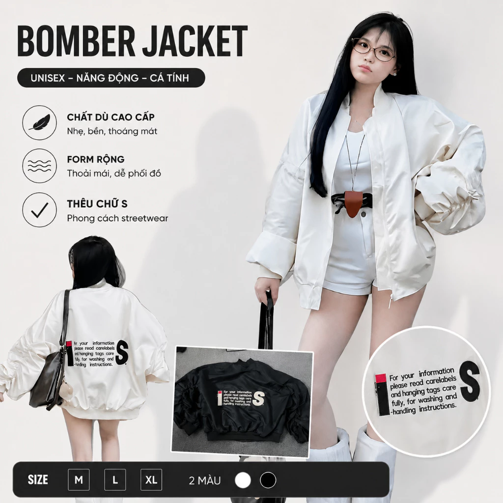 Áo Khoác Gió Bomber Tay Nhún Nam Nữ Thêu Chữ - Áo Khoác Dù Bomber Jacket Tay Nhín Thêu Chữ Lưng