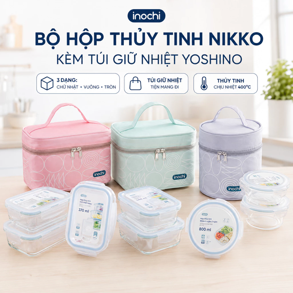 Bộ hộp thuỷ tinh Inochi Nikko kèm túi giữ nhiệt Yoshino mang cơm đi làm