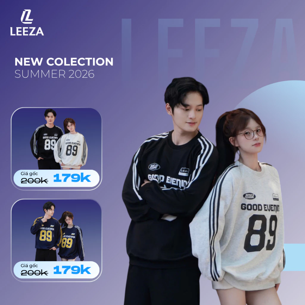 LEEZA Áo Sweater In Số 89 GOOD EVENING nỉ 2 Da Cotton Nam Nữ Form Rộng 10.02
