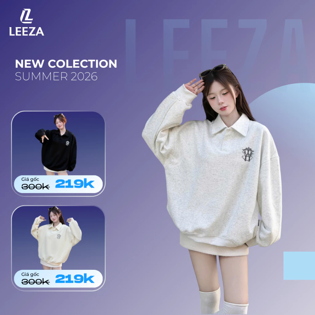 LEEZA - Áo Polo Sweater 2Da Cotton Unisex Nam Nữ Thêu Logo Trước Ngực 19.01 Form Boxy