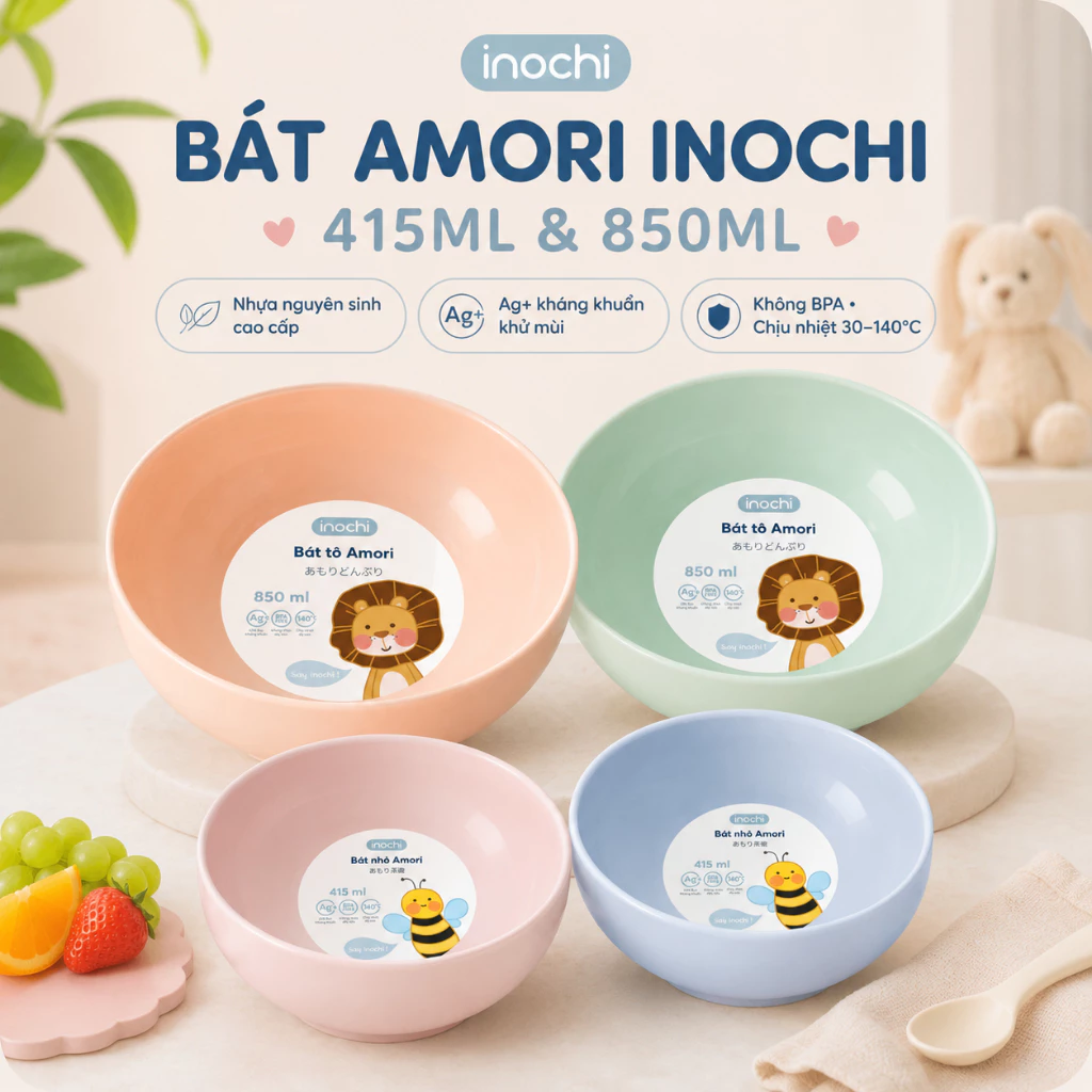 Bát nhựa nguyên sinh cao cấp Inochi Amori chịu nhiệt, an toàn cho bé 415ml, 850ml