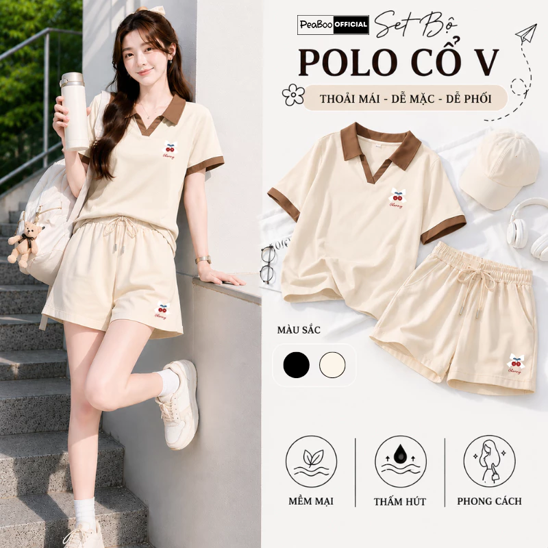 Set Bộ Nữ Áo Polo Cổ V Quần Đùi By PEABOO Mã BST01 RedBow Chất Cotton Form Rộng Dáng Unisex