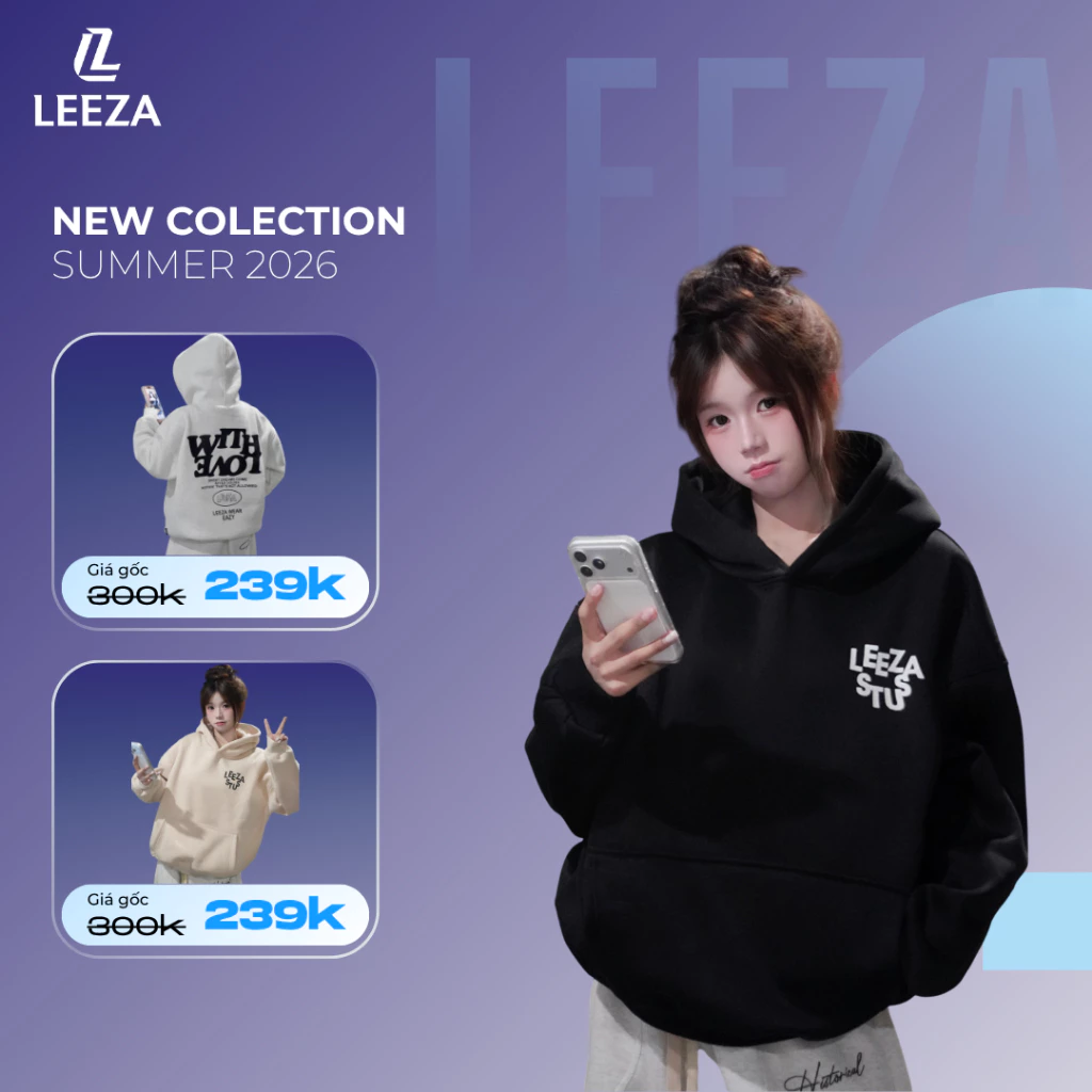 LEEZA - Áo Hoodie Nỉ Bông In Chữ  LeeZa Phong Cách Unisex Nam Nữ 12.03