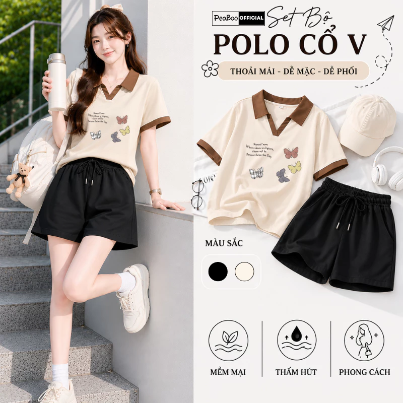 Set Bộ Nữ Áo Polo Cổ V Quần Đùi By PEABOO Mã BST03 Color Curve Chất Cotton Form Rộng Dáng Unisex