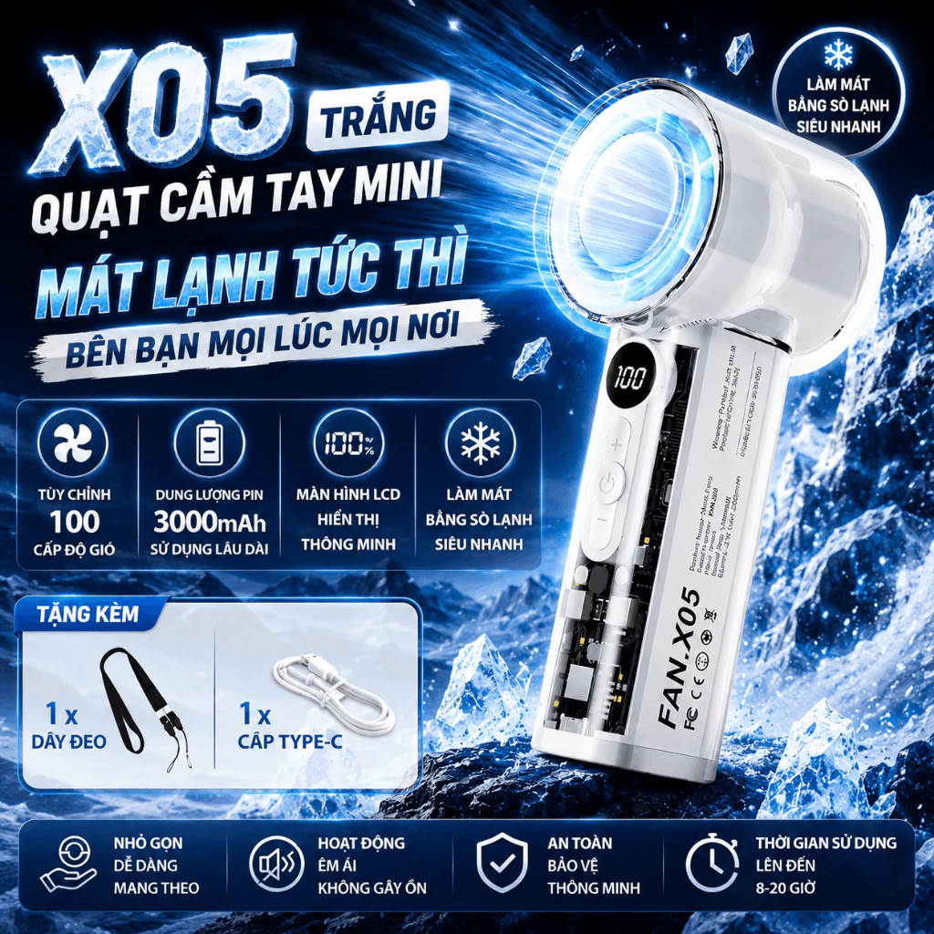 Quạt Cầm Tay Mini X05 Sò Lạnh Làm Lạnh Sâu Tức Thì, 100 Tốc Độ Gió, Pin 3000mAh Bền Bỉ 12H, Giảm Ồn