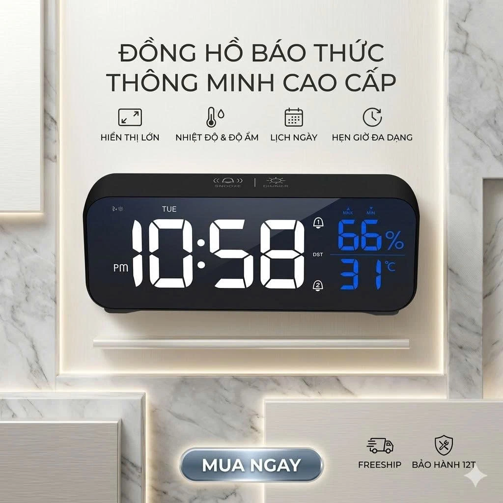 Đồng Hồ Báo Thức LED Mặt Gương Decor Setup Bàn Làm Việc Thông Minh