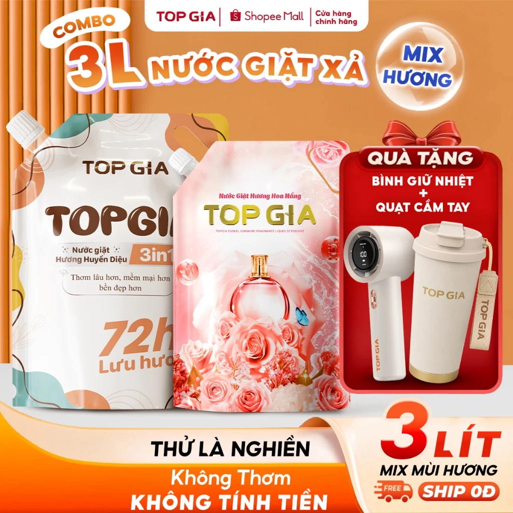 [TẶNG BÌNH & QUẠT LỚN] Combo Mix 3L Nước Giặt Xả TopGia 3in1 Hương Hoa Nắng & Huyền Diệu, Túi 2L,1L