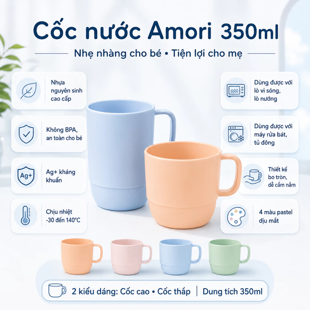 Cốc Nước  Amori Inochi 350ml Nhựa PP Không BPA Kháng Khuẩn Ag+ Chịu Nhiệt Tốt An Toàn