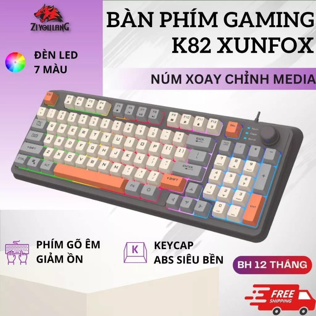 Bàn Phím Máy Tính Gaming LED ZiyouLang K82 Phím Bấm Êm Gõ Giảm Ồn, Có Núm Xoay Cao Cấp