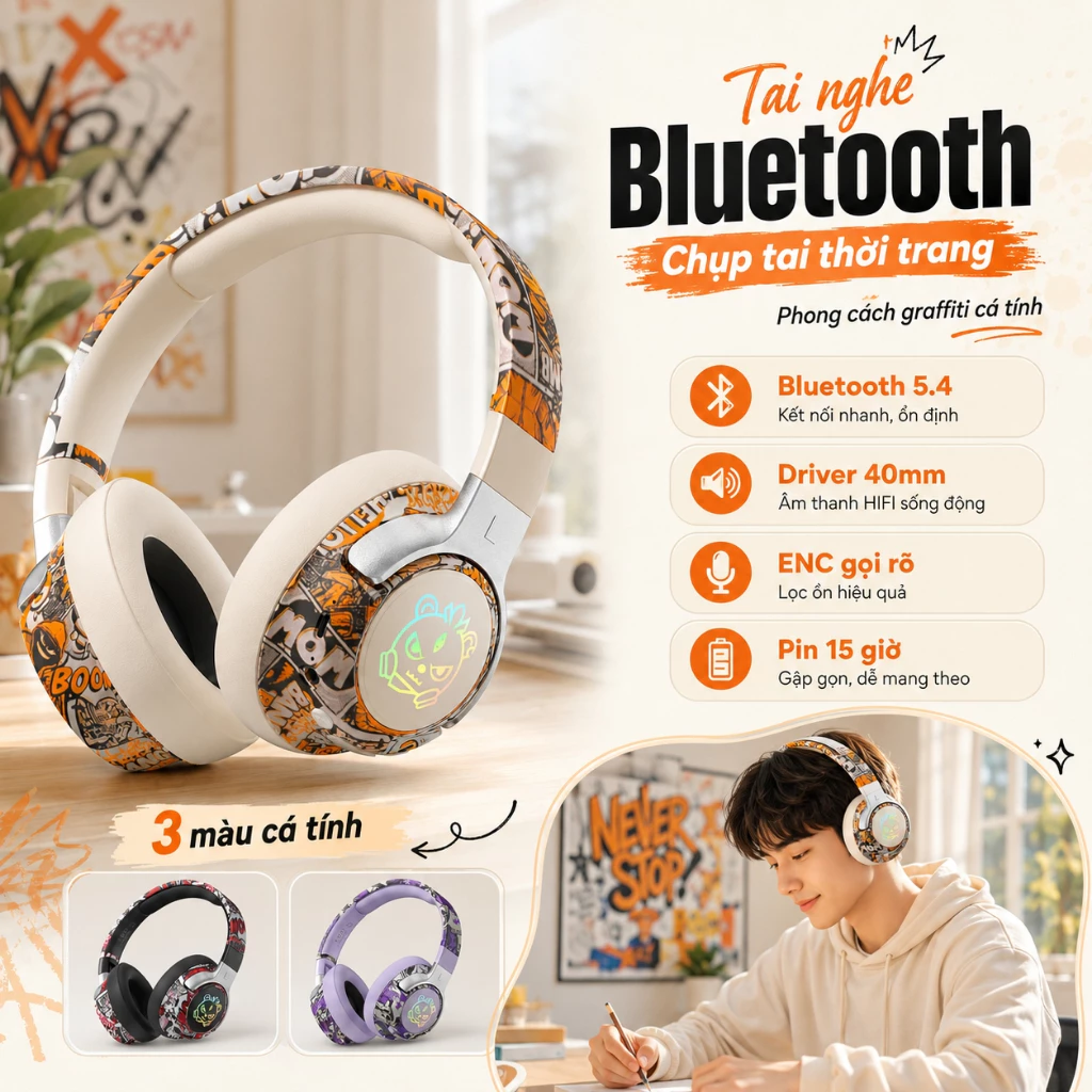 Tai Nghe Bluetooth Over Ear SY-T12 Quốc Triều RGB Nháy Theo Nhạc HiFi 40mm Bass Mạnh Gập Gọn Pin 15 Giờ Chơi Game