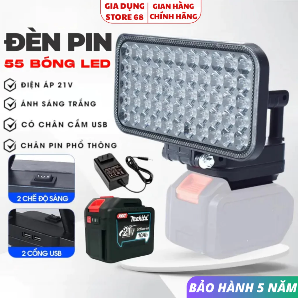 Đèn LED Dùng Pin 55 Bóng Chân Pin Phổ Thông, Đèn Làm Việc Cắm Trại 4 Inch, Pin Sạc Thông Dụng, Chiếu Sáng Siêu Sáng.