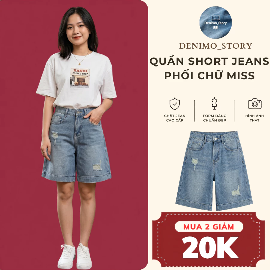 Quần Short Jean Nữ Cạp Cao Denimo Phối Chữ Miss - Chất Denim Dày Dặn, Đứng Form, Phong Cách Trẻ Trung