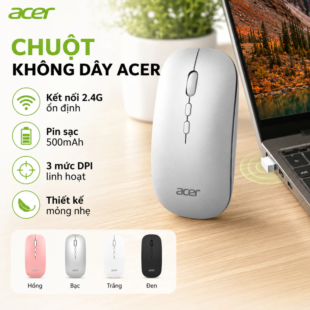 Chuột Acer OMR050 Tri-Mode: Di động cho các chuyến công tác, 3 chế độ kết nối, Tiết kiệm điện thông minh