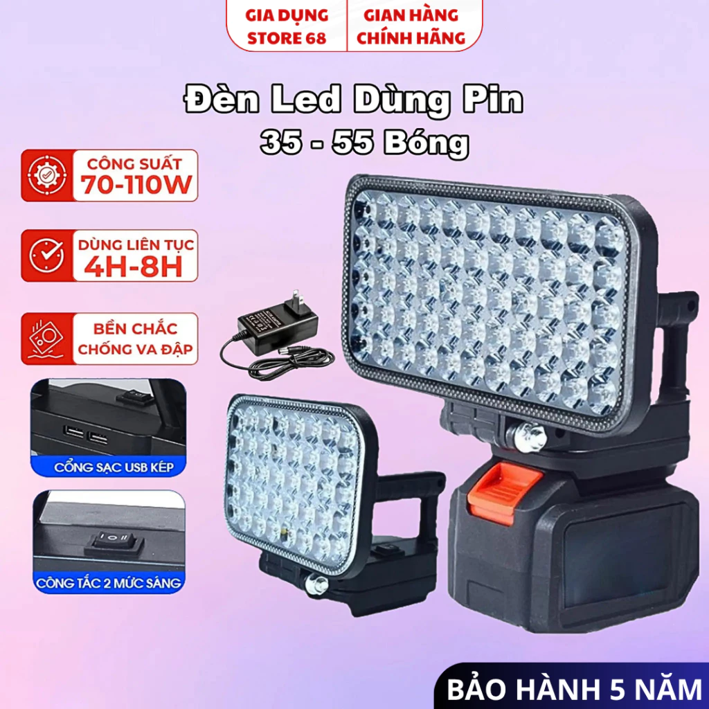 Đèn Led Siêu Sáng 35-55 Bóng Sử Dụng Liên Tục 6h-8h Với 2 Chế Độ Sáng, Quai Xách Tiện Lợi, X2 Cổng Sạc USB.