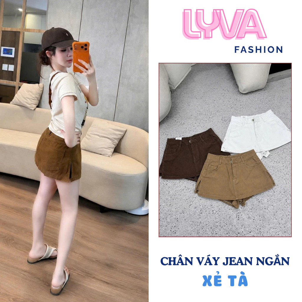 Chân váy jean ngắn XẺ TÀ, chân váy bò dáng chữ A dài 30cm có quần bảo hộ, chân váy nữ ngắn hot trend -Lyva Fashion