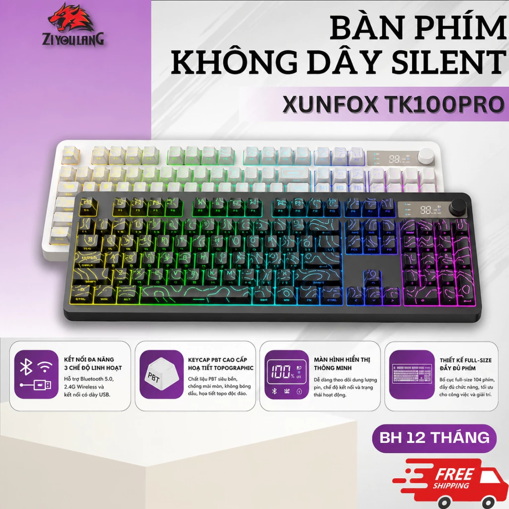 Bàn Phím Không Dây XunFox TK100 Pro - RGB 16.8 Triệu Màu, Bluetooth/2.4G/USB, Pin Siêu Trâu 2000mAh