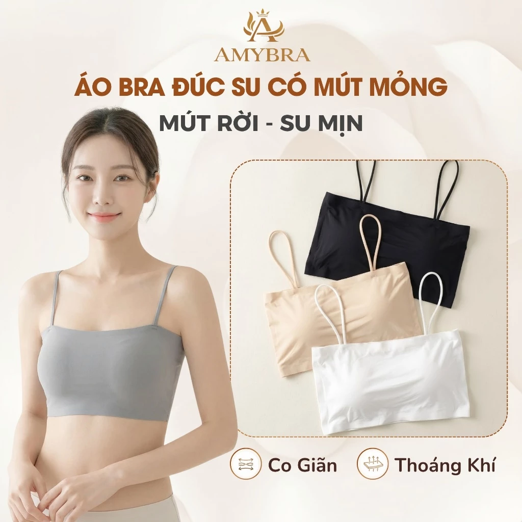 Áo Bra Đúc Su Kèm Mút Mỏng Mềm Mịn, Áo Lót Nữ 2 Dây Dáng Chui Thoải Mái AMYBRA B8881