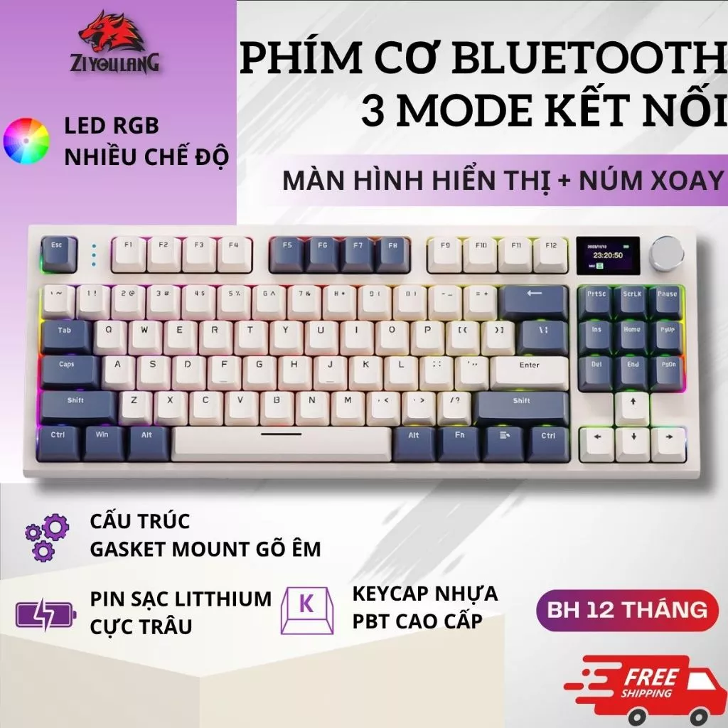 Bàn Phím Cơ Không Dây Attack Shark K86 RGB Led, Có Màn Hình Led Tùy Chỉnh, Tích Hợp Núm Xoay, App