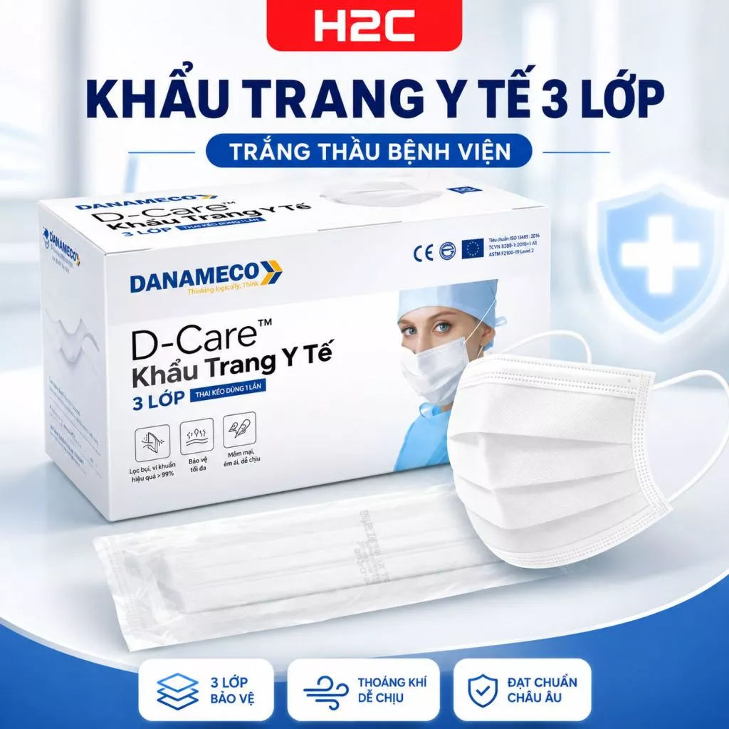 Khẩu trang y tế Danameco tiệt trùng từng chiếc 3 lớp kháng khuẩn màu trắng H2C