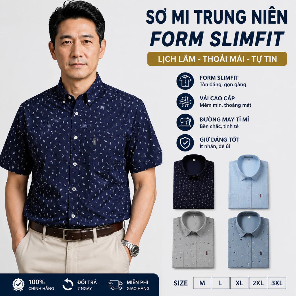 Áo Sơ Mi Nam Ngắn Tay Trung Niên GEN ALPHA Vải Lụa Co Giãn Mềm Mịn Form Rộng Lịch Sự Sang Trọng