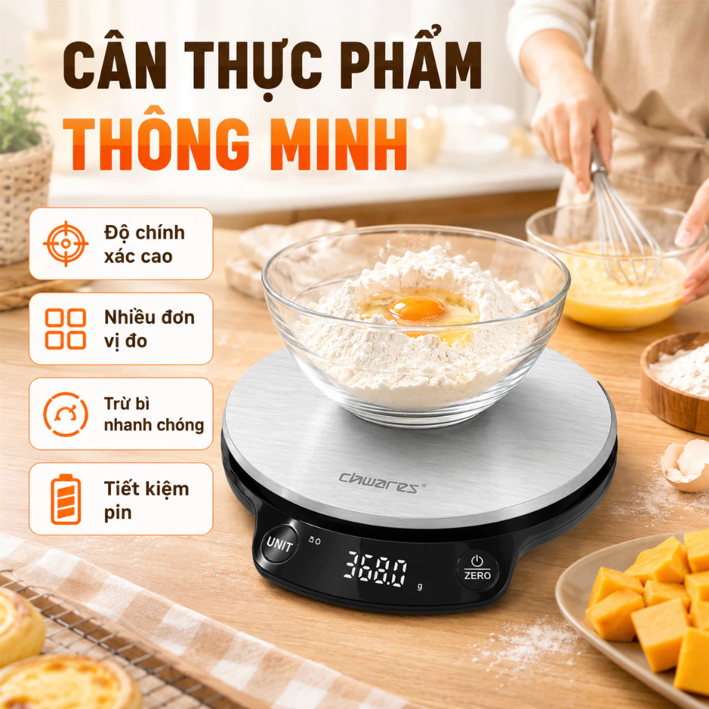 Cân Điện Tử Nhà Bếp CHWARES, Màn Hình LED, Chức Năng Trừ Bì, Nhiều Đơn Vị Đo Tiết Kiệm Điện,Dễ Vệ Sinh Nhiều Đơn Vị g/ml
