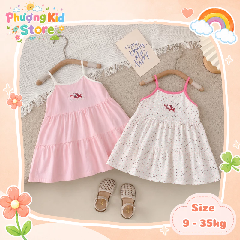 [A29] Váy sát nách cho bé gái, váy 2 dây cotton dáng xòe mặc hè đi học đi chơi màu trắng hồng 9 - 35kg
