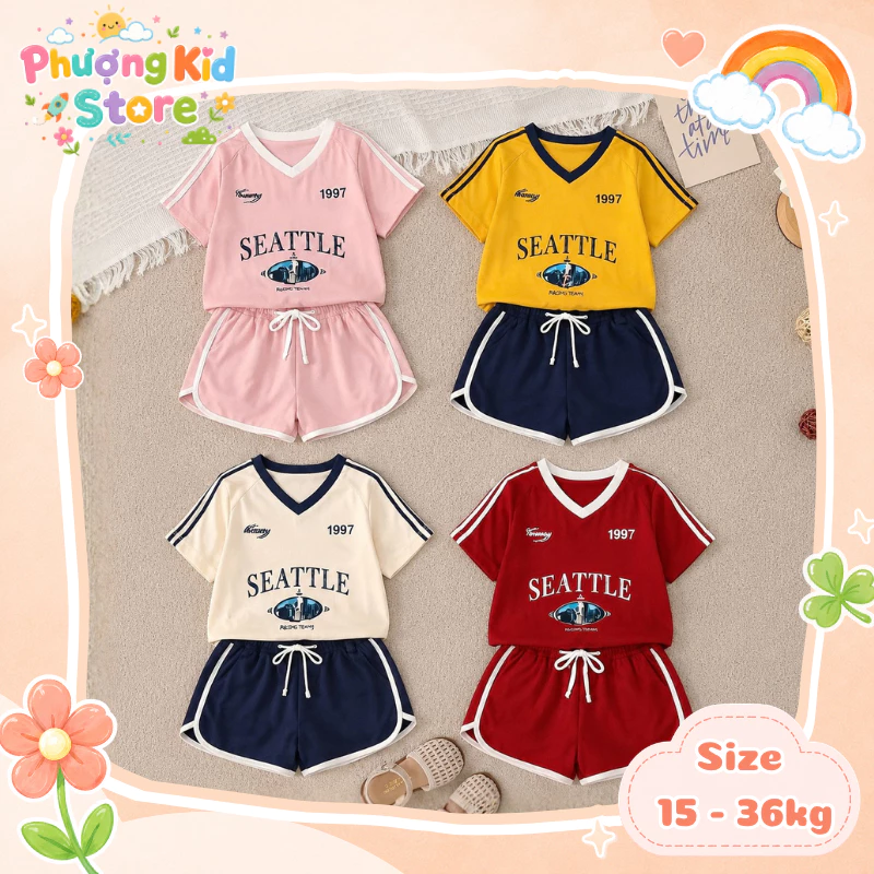 [A30] Set bộ bé gái thể thao cổ tim, đồ bộ thun cotton mặc đi học đi chơi năng động mùa hè cho bé 14 - 44kg