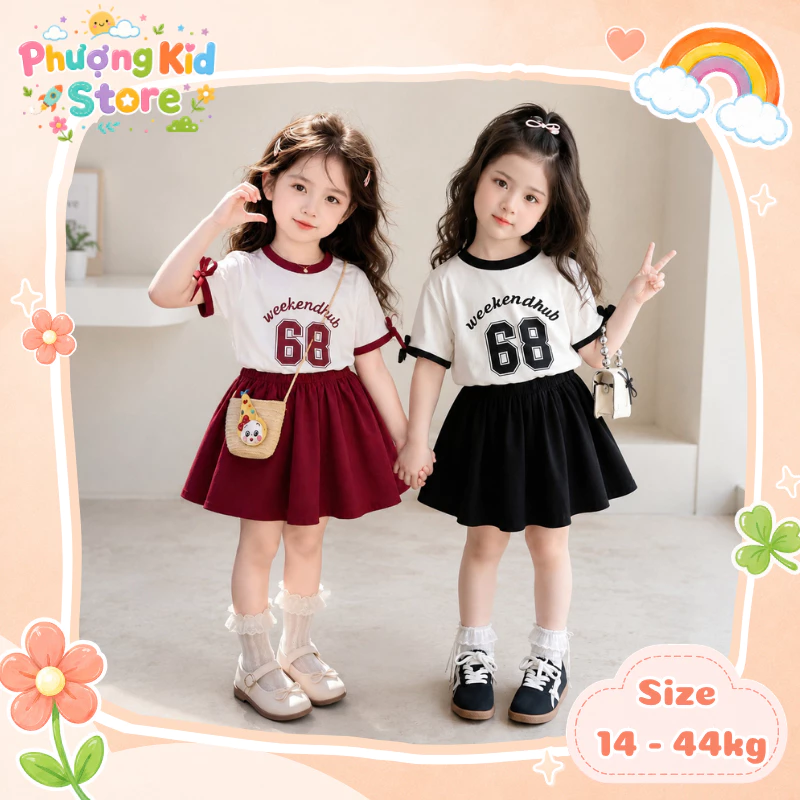 [A31] Set váy bé gái in chữ WEEKEND, váy ngắn tay phối chân váy xòe cotton đi học đi chơi dễ thương cho bé 14 - 44kg