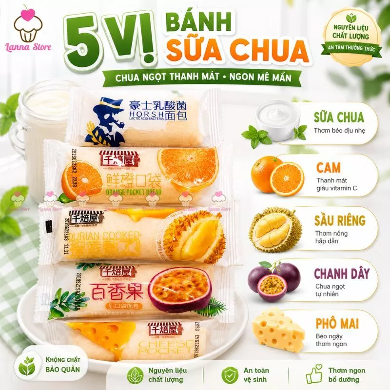 【COMBO 1KG】Bánh Sữa Chua Đài Loan Mix 8 Vị Kem Vani Dâu Đào Phô Mai Sầu Riêng Túi Nhỏ Thơm