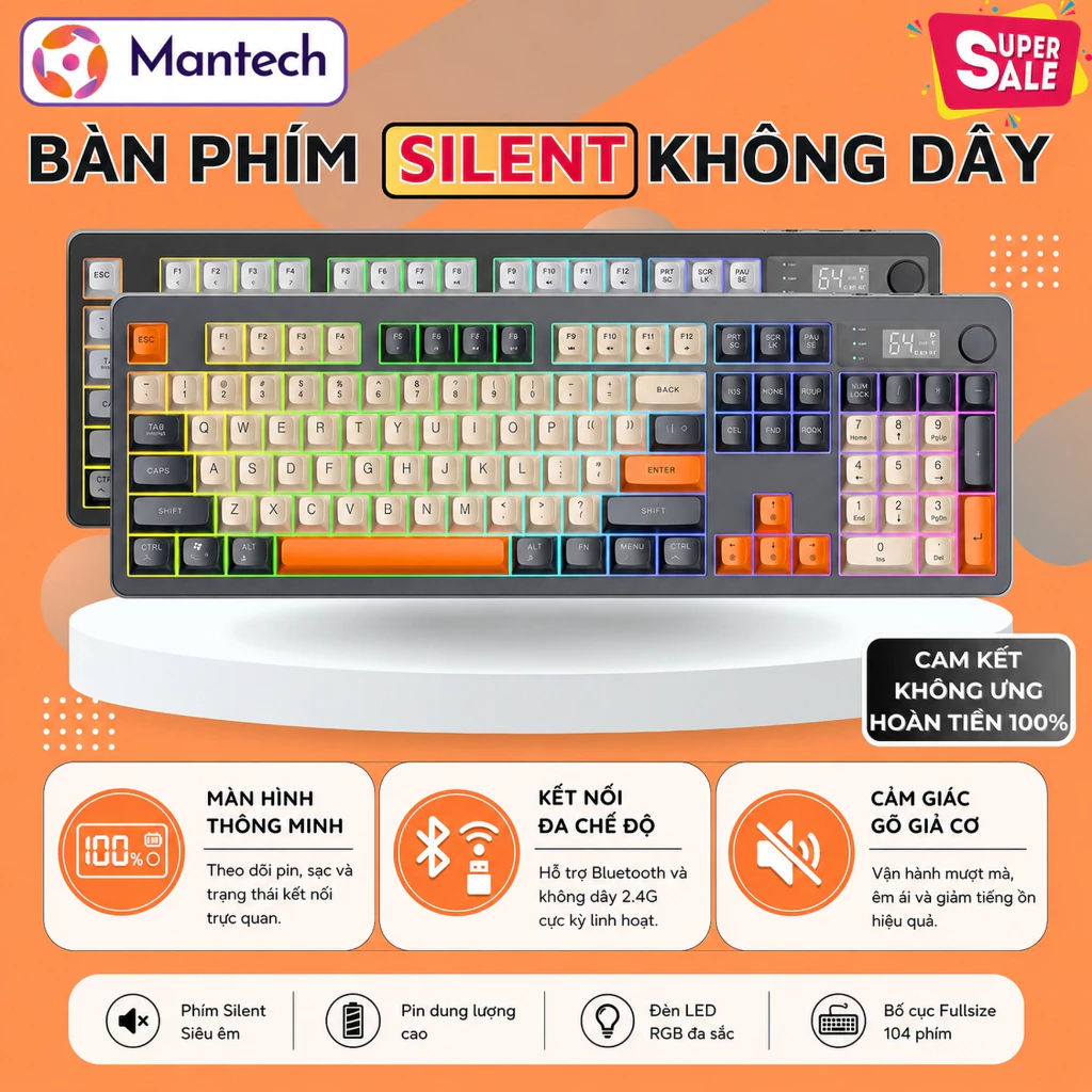 Bàn Phím Không Dây XunFox TK100 104 Phím - Màn Hình Hiển Thị, Núm Xoay, Wireless 2.4 Bluetooth 5.0