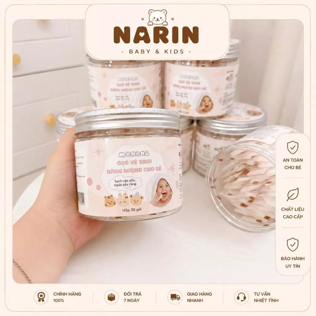 Gạc rơ lưỡi kháng khuẩn, vệ sinh răng miệng cho bé MONONA hộp 30 chiếc.