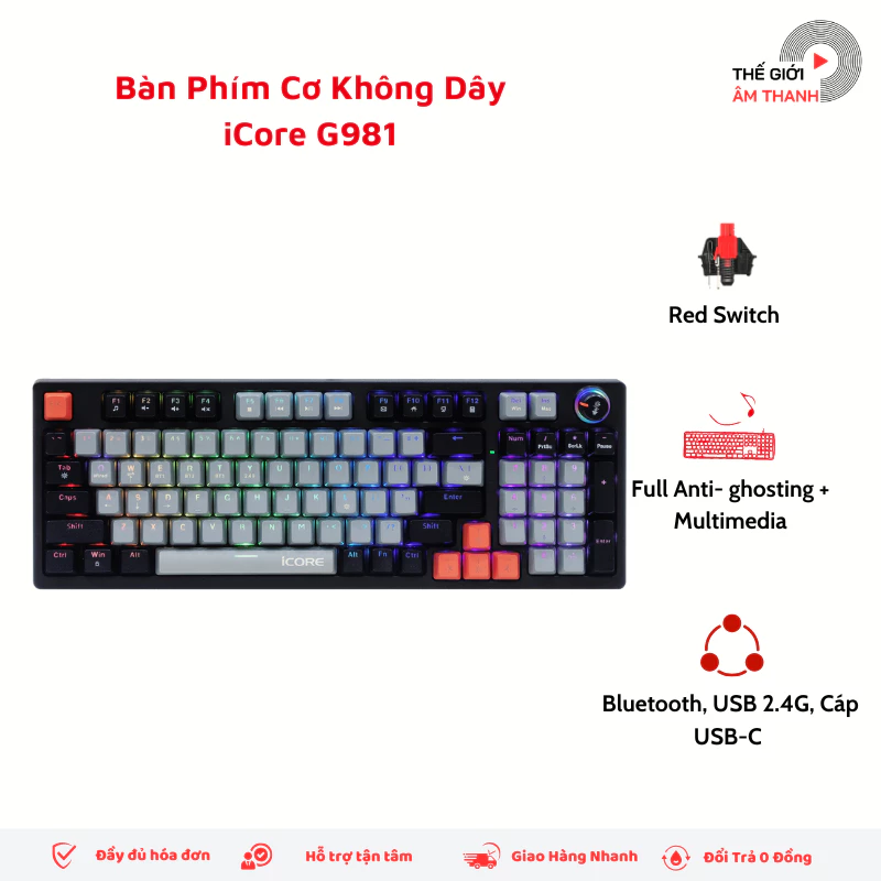 Bàn Phím Cơ iCore Red Switch, Bàn Phím Gaming Có Dây Không Dây, Đèn RGB LED, Layout US - THẾ GIỚI ÂM THANH