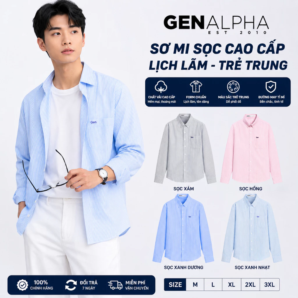 Áo Sơ Mi Nam Nữ Dài Tay Kẻ Sọc GEN ALPHA Form Rộng Oversize Phong Cách Hàn Quốc - GEN23