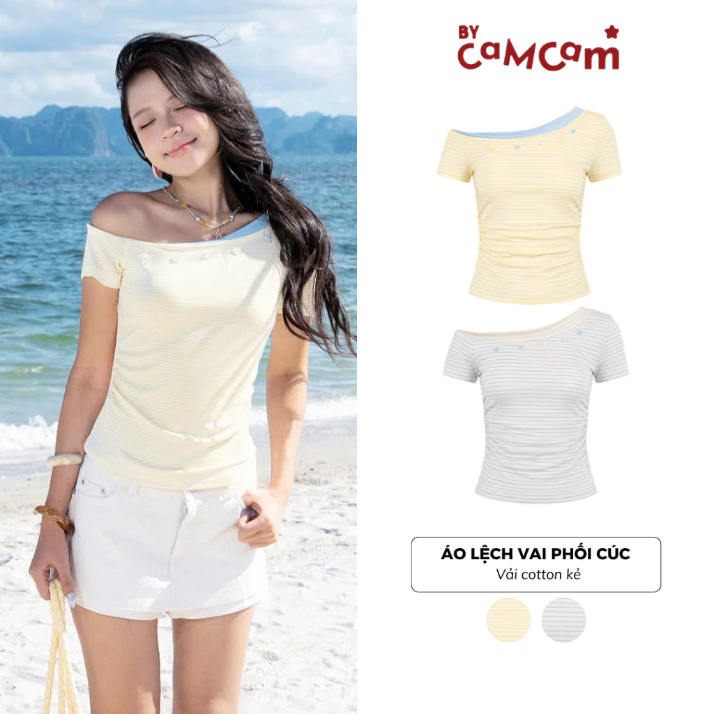 [BST STAY SUMMER] Áo Lệch Vai Kẻ Dáng Ôm 𝑩𝒚𝒄𝒂𝒎𝒄𝒂𝒎 Phối Cúc Đính Nổi Nhẹ Nhàng Trendy Mùa Hè AKN631