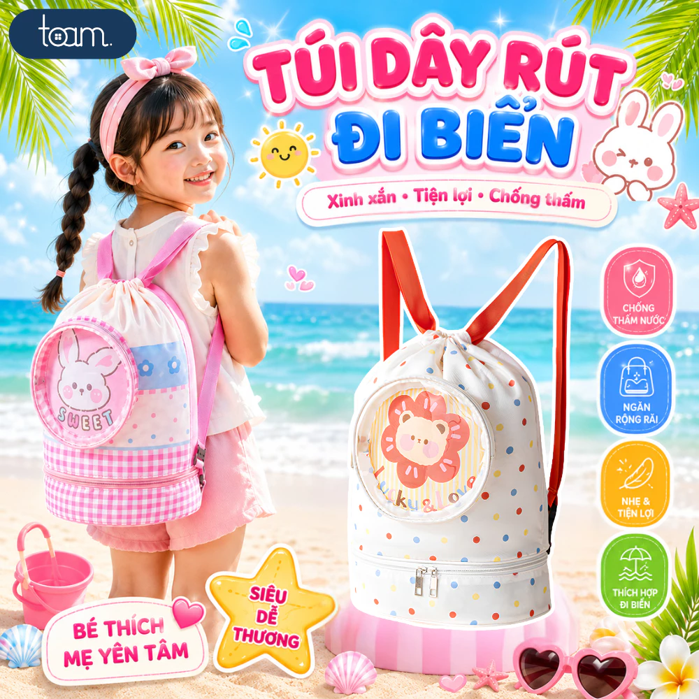 Túi Dây Rút, Balo Đựng Đồ Đi Bơi, Đi Biển Cho Bé Chống Nước, Có Ngăn Khô & Ướt Riêng Biệt