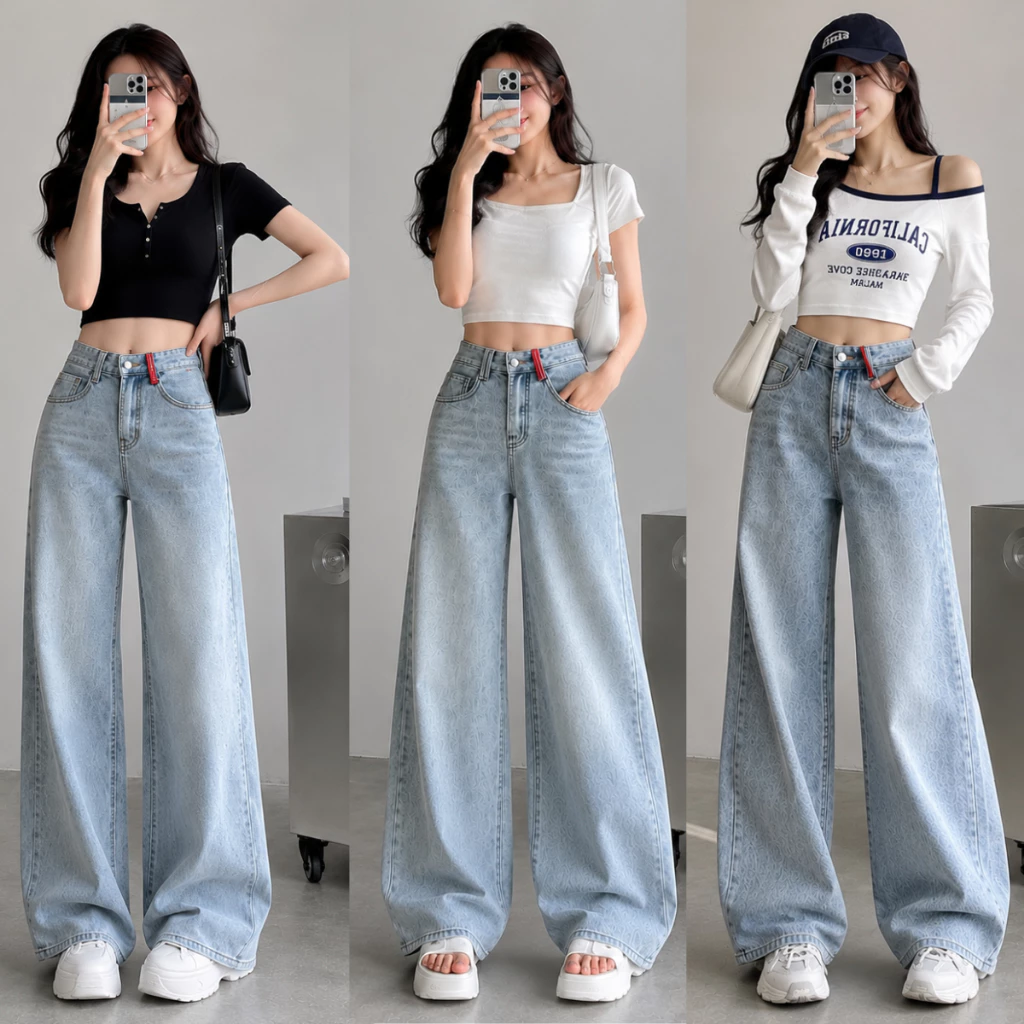[Hàng mới về] Quần Jean Ống Suông MIAA phối Line Đỏ LƯNG Cao đầy đủ size phong cách basic