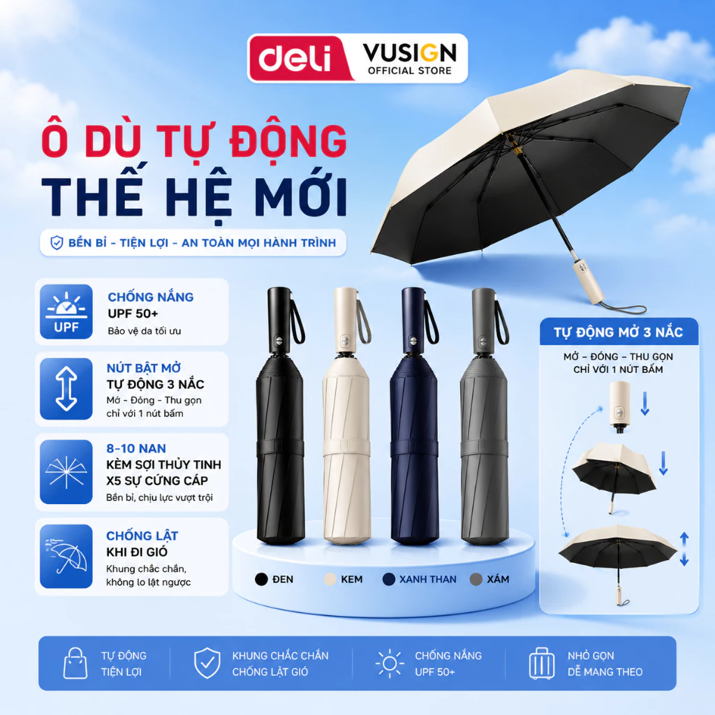Ô Dù Che Mưa Nắng Tự Động Thế Hệ Mới Deli Cao Cấp - Chống Tia UV, SPF 50+, Nhỏ Gọn, Tiện Lợi Đi Học Đi Làm
