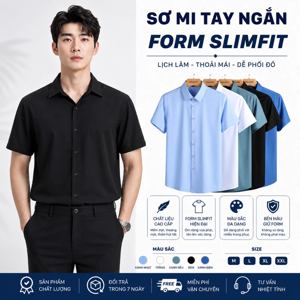 Áo Sơ Mi Nam Tay Ngắn Cổ Vải Lụa Cotton GEN ALPHA Form Slimfit Thoáng Mát GEN459