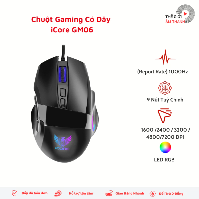 Chuột Gaming Có Dây iCore GM06 - 9 Nút Tuỳ Chỉnh, LED Rainbow, DPI 7200, Giá Rẻ - THẾ GIỚI ÂM THANH