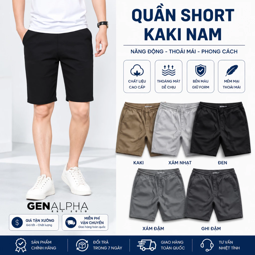 Quần Short Kaki Nam Lưng Thun GENALPHA Fabric, Short Kaki Thoáng Mát Trẻ Trung GEN137