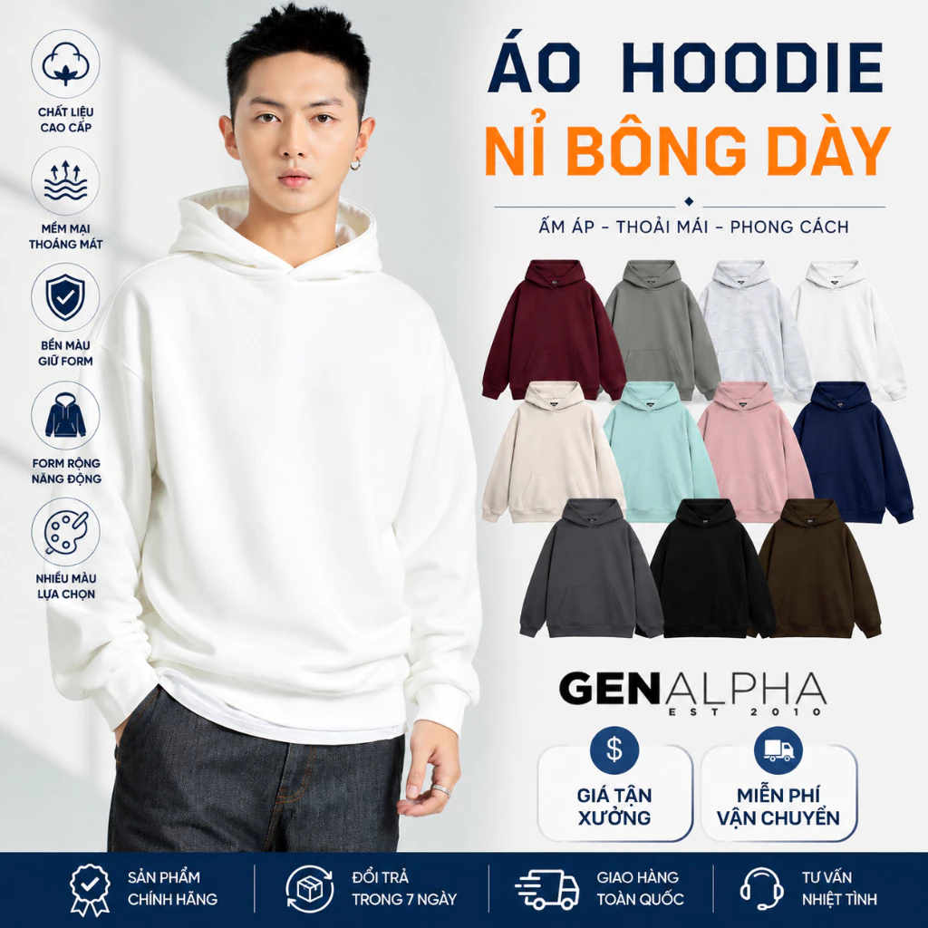 Áo hoodie định lượng cao local brand GEN ALPHA, áo hoodie nam nữ chất nỉ bông dày dặn GEN14