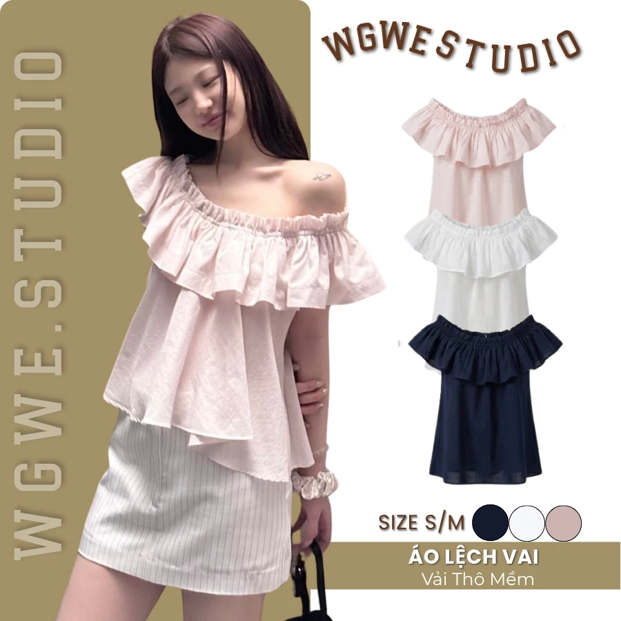 WGWE Studio Áo Babydoll Trễ Vai Nữ Phối Bèo Form Rộng Tiểu Thư Che Bụng Dáng Xòe 10107