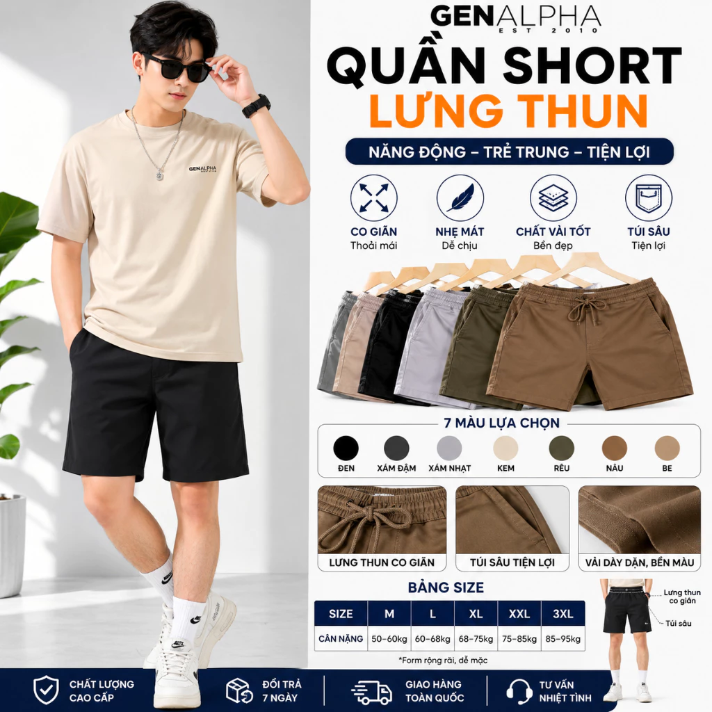 Quần Short Kaki Nam GEN ALPHA Lưng Thun Dây Rút Form Rộng Thoải Mái Co Giãn Thể Thao - GEN1356