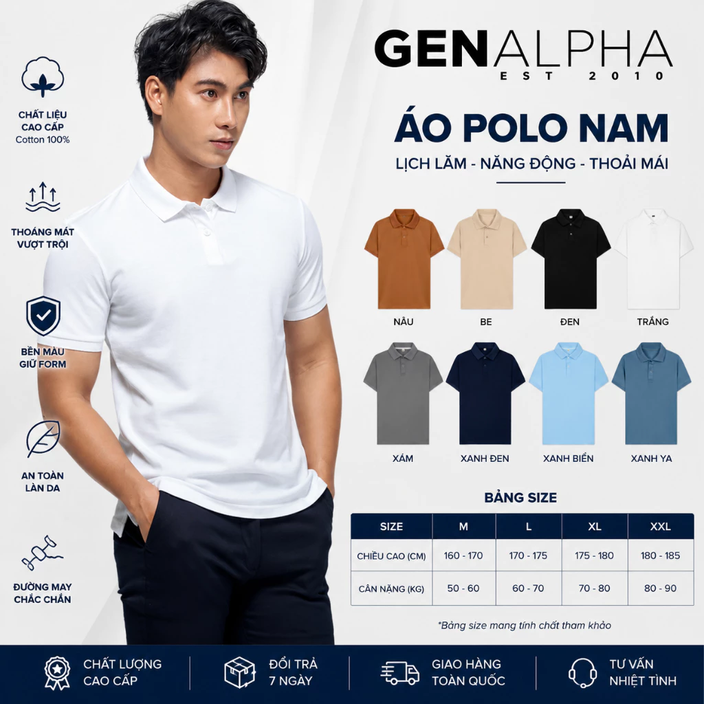 Áo thun polo nam chất vải cá sấu co giản 4 chiều thời trang GEN ALPHA 8 màu Basic GEN142