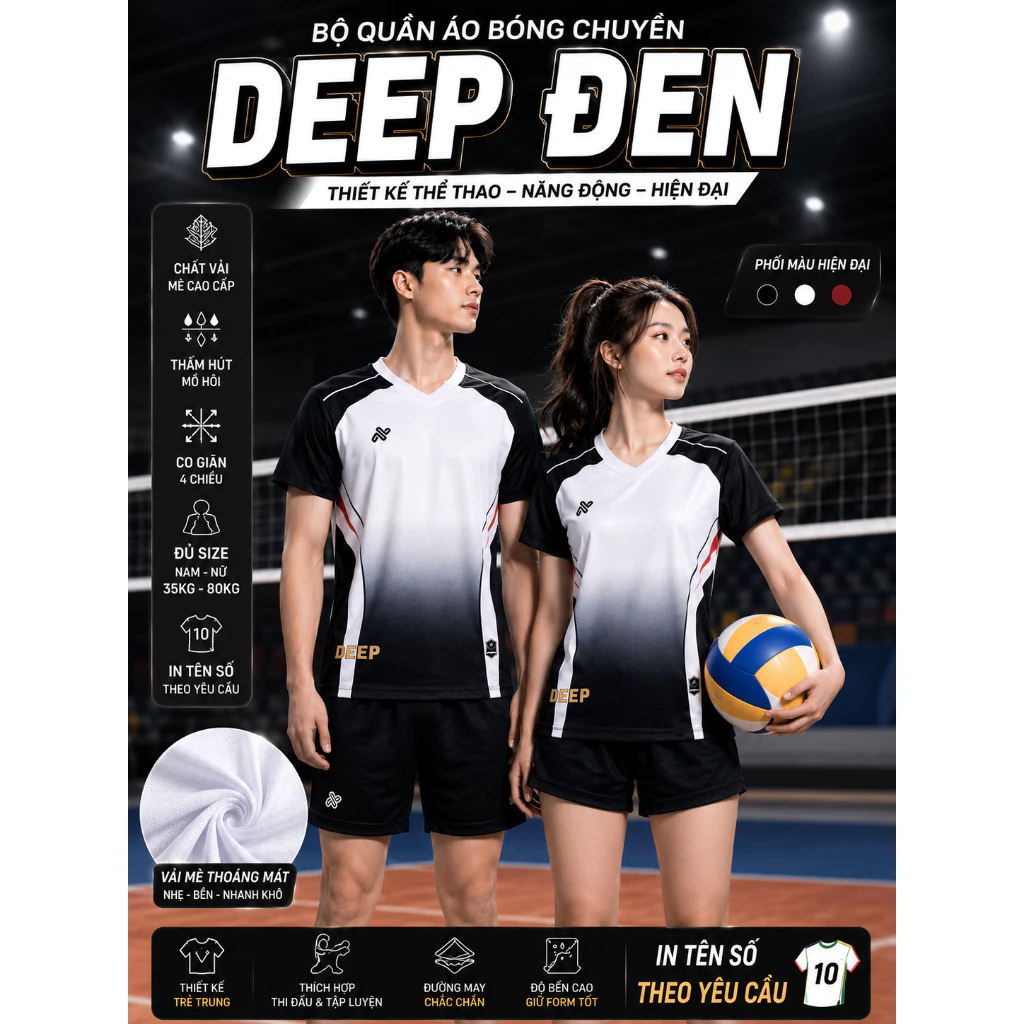 Bộ quần áo bóng chuyền nam nữ AMAC DEEP ĐEN in tên số, vải mè, co giãn, thấm hút mồ hôi, đủ size