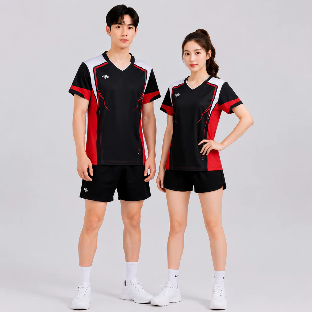 Bộ quần áo bóng chuyền nam nữ AMAC ĐEN VIỀN ĐỎ in tên số, co giãn, thấm hút mồ hôi, đủ size 35-80kg