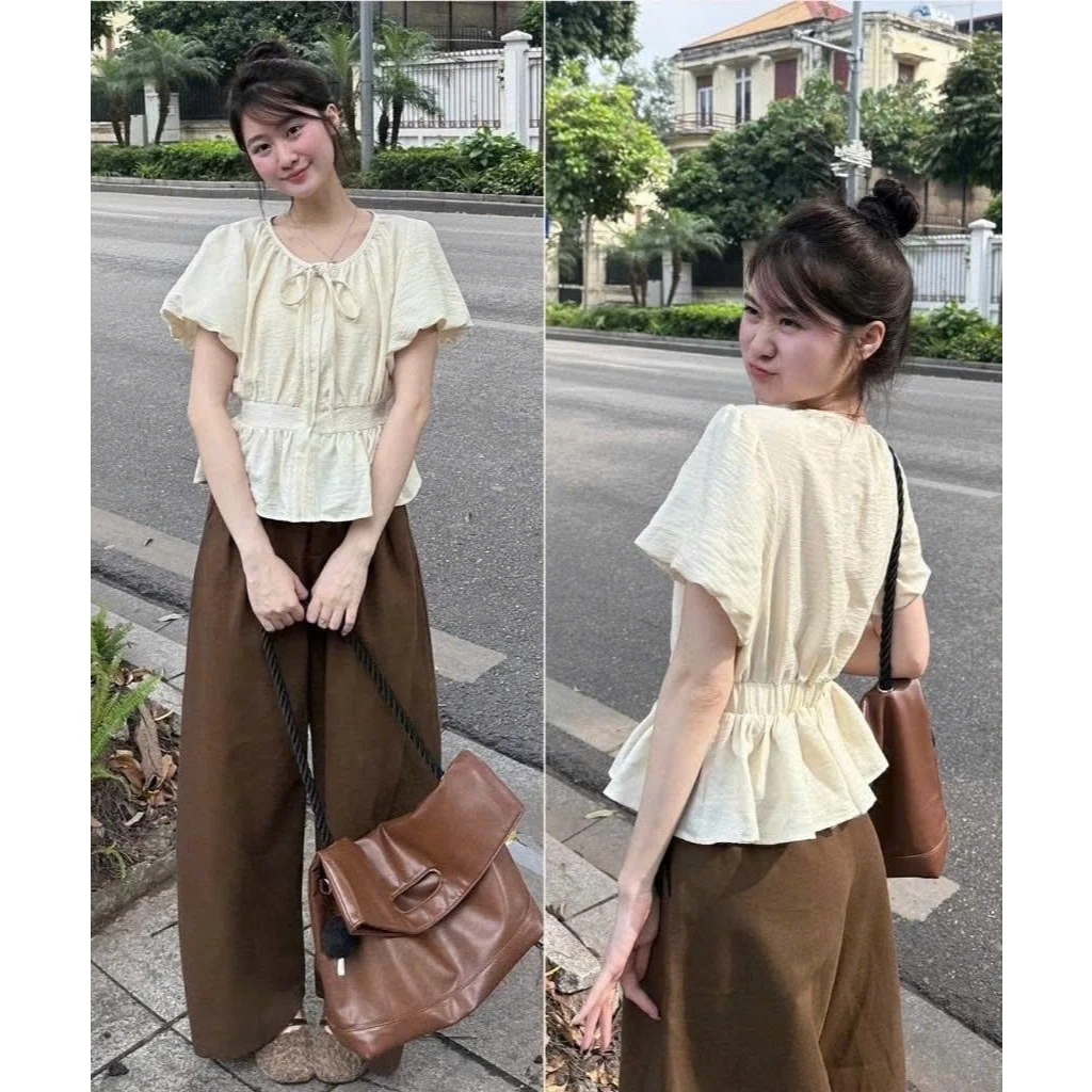 Áo Sơ Mi Cộc Tay Cổ Tròn Tay Bồng Chun Lưng,Áo Kiểu Bèo Gấu Buộc Nơ Cổ Chất Đũi Thoáng Mát Tiểu Thư